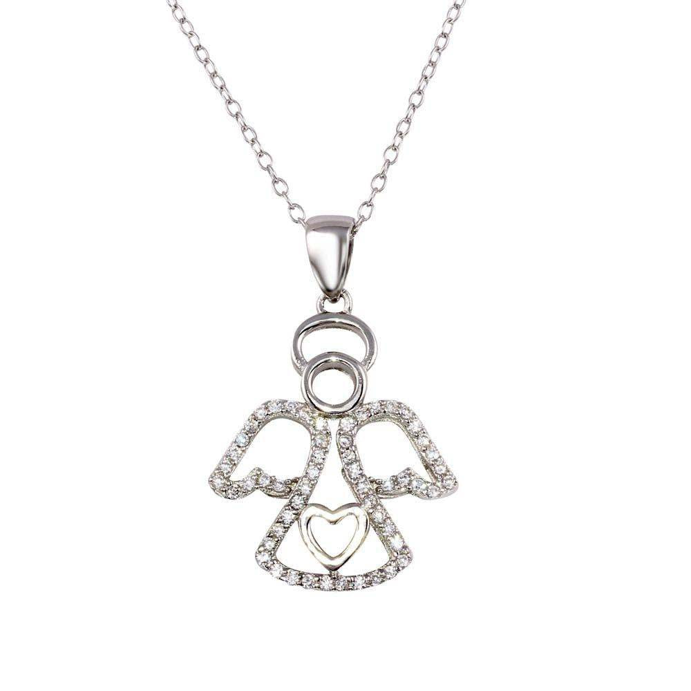 Sterling Silver Rhodium Plated Clear Angel Heart .925 Pendant with CZ
