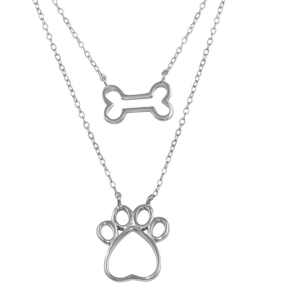 Sterling Silver Rhodium Plated Two Piece Dog Bone and Paw Necklace