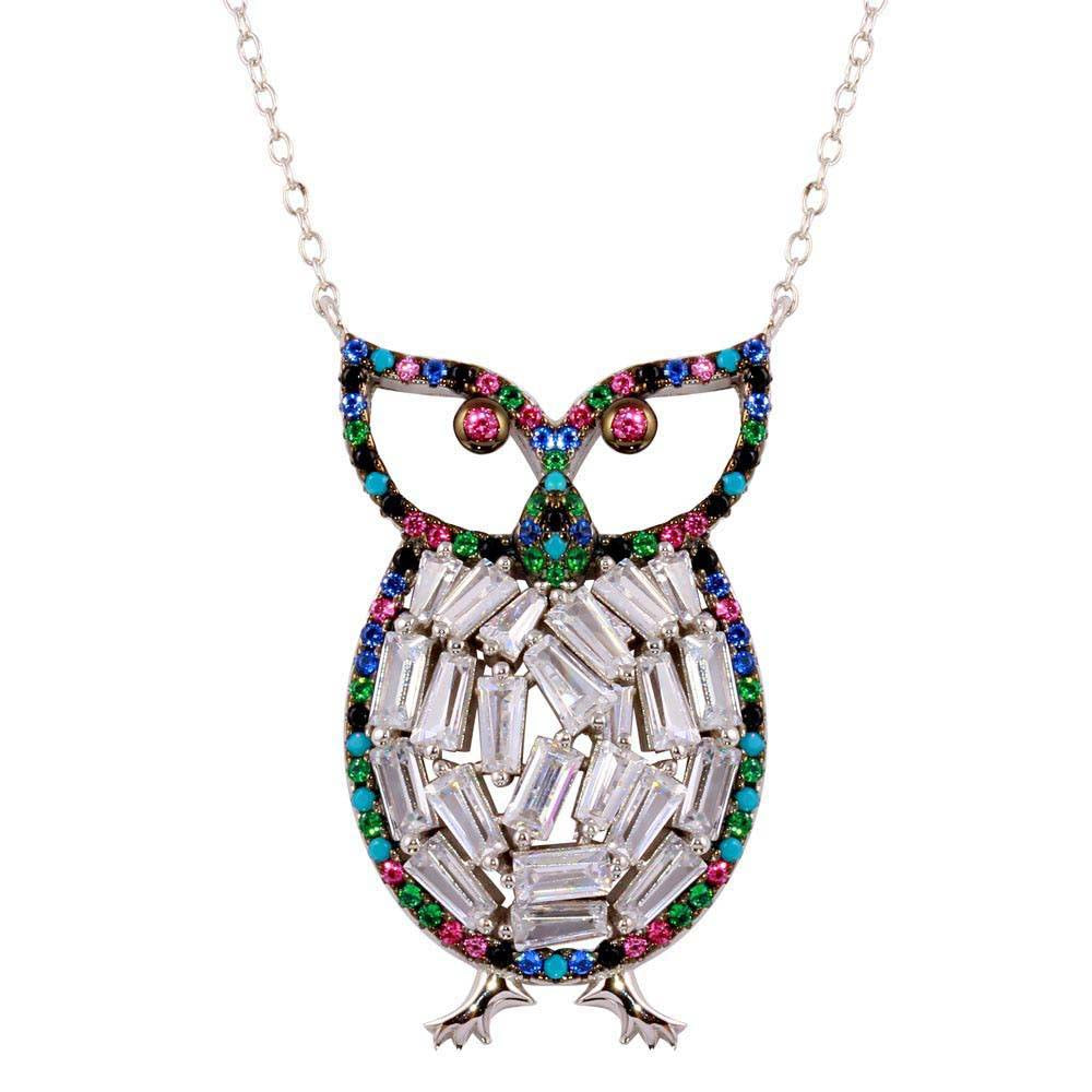 Sterling Silver Rhodium Plated Multi-Colored Owl Pendant with CZ Necklace