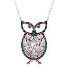 Load image into Gallery viewer, Sterling Silver Rhodium Plated Multi-Colored Owl Pendant with CZ Necklace
