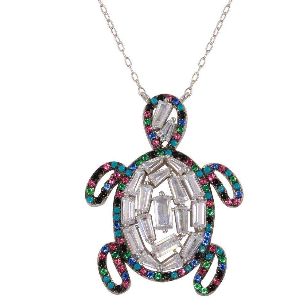 Sterling Silver Rhodium Plated Multi-Colored Turtle Pendant with CZ Necklace