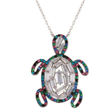 Load image into Gallery viewer, Sterling Silver Rhodium Plated Multi-Colored Turtle Pendant with CZ Necklace