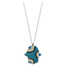 Load image into Gallery viewer, Sterling Silver Rhodium Plated Blue Hamsa with CZ Necklace