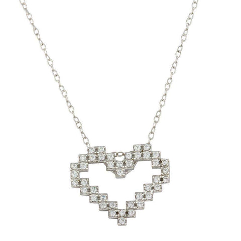 Sterling Silver Rhodium Plated Digital Heart Necklace with CZ