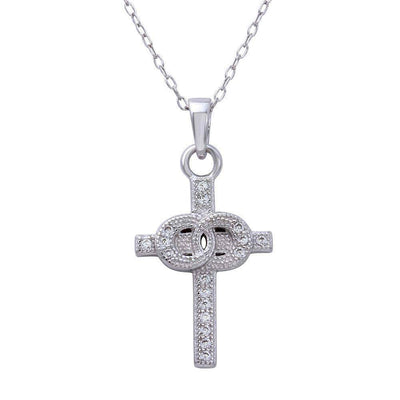 Sterling Silver Rhodium Plated Small Cross Pendant with Linked Rings Center and CZ Necklace