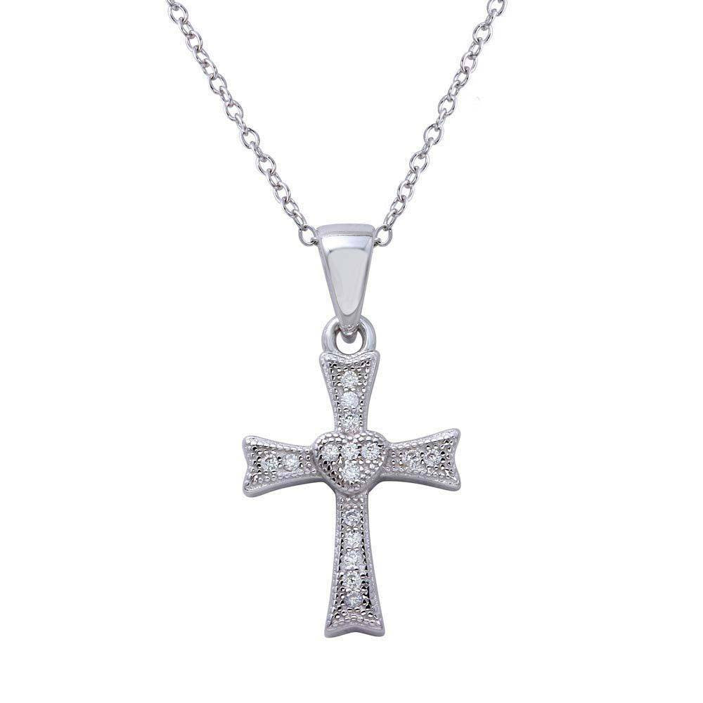 Sterling Silver Rhodium Plated Small Cross .925 Pendant with Heart Center and CZ