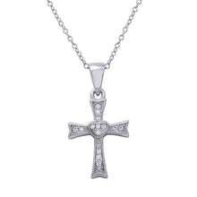 Load image into Gallery viewer, Sterling Silver Rhodium Plated Small Cross .925 Pendant with Heart Center and CZ