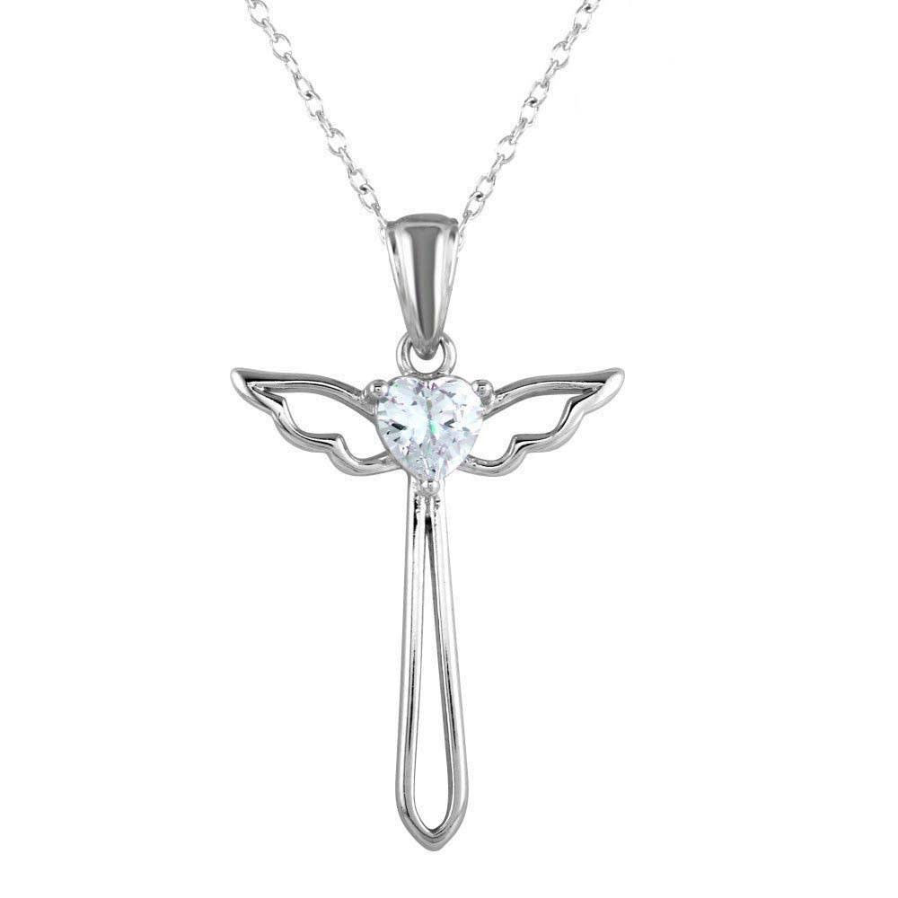 Sterling Silver Rhodium Plated Heart and Wings Cross Necklace