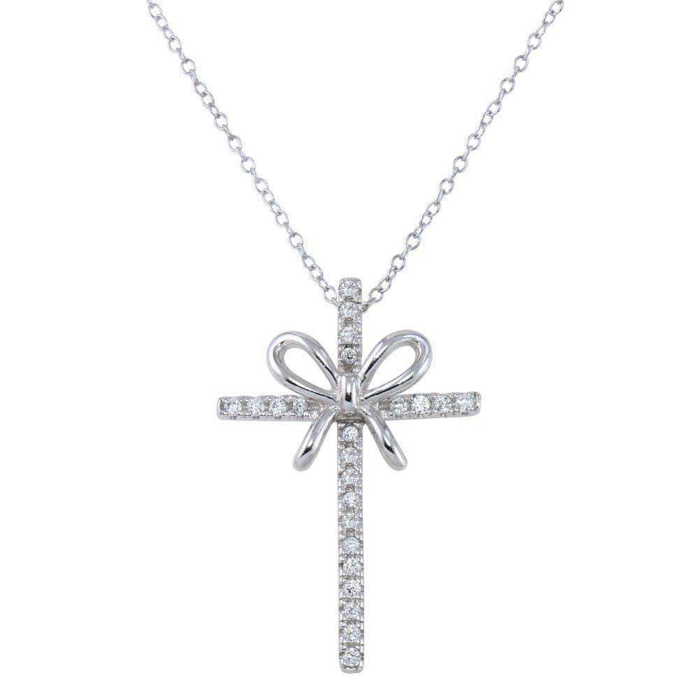 Sterling Silver Rhodium Plated Ribbon Cross Pendant Necklace with CZ