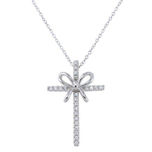 Load image into Gallery viewer, Sterling Silver Rhodium Plated Ribbon Cross Pendant Necklace with CZ