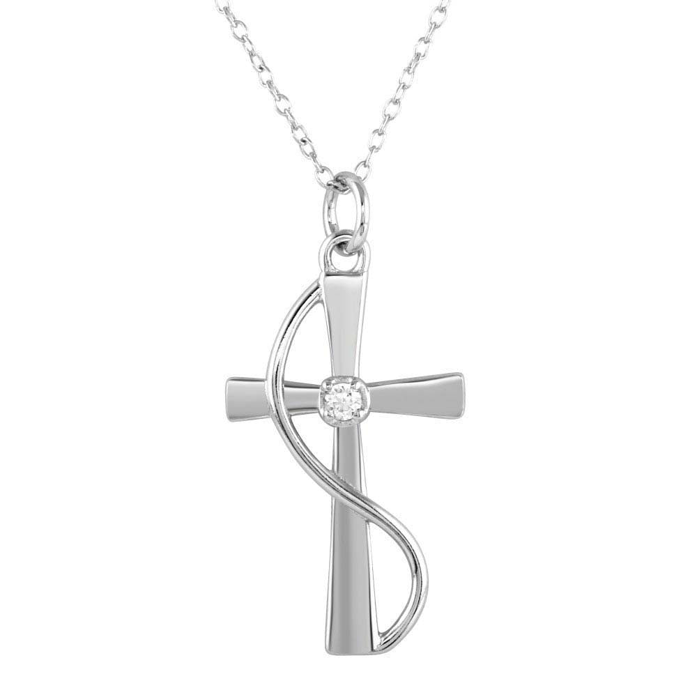 Sterling Silver Rhodium Plated Wrapped Cross Pendant Necklace with CZ Necklace