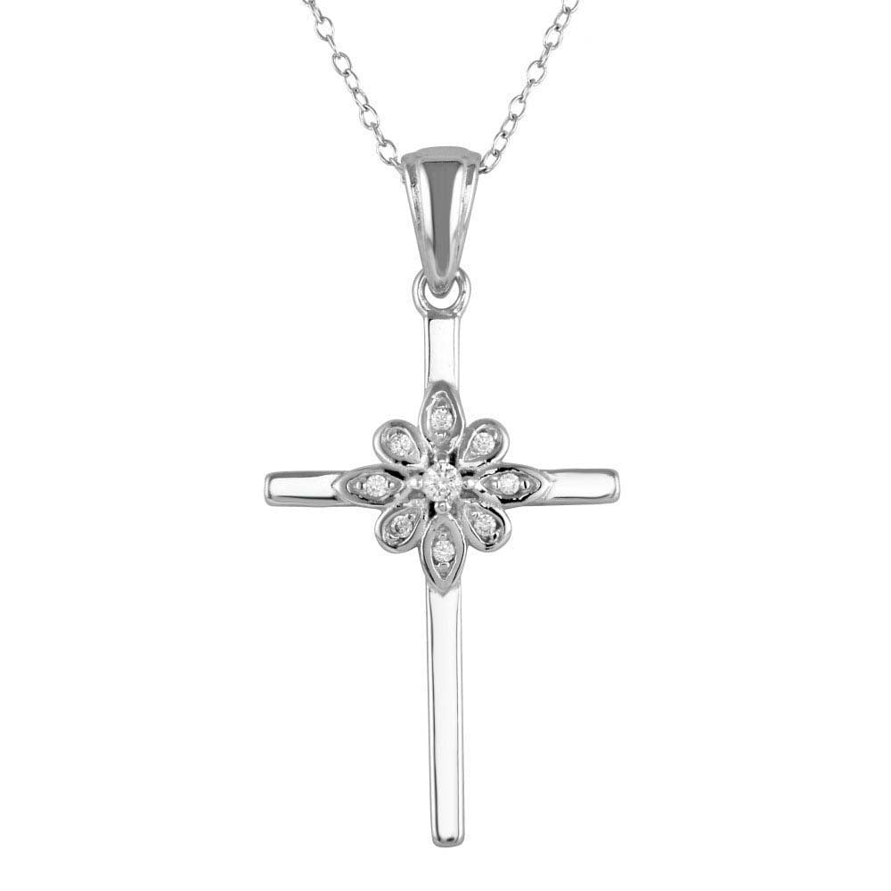 Sterling Silver Rhodium Plated Cross and Flower Pendant Necklace with CZ Necklace