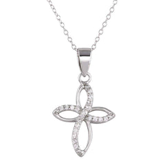 Sterling Silver Rhodium Plated Open Cross Pendant Necklace with CZ Necklace