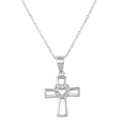 Sterling Silver Rhodium Plated Small Open Cross with Heart Center and CZ Necklace