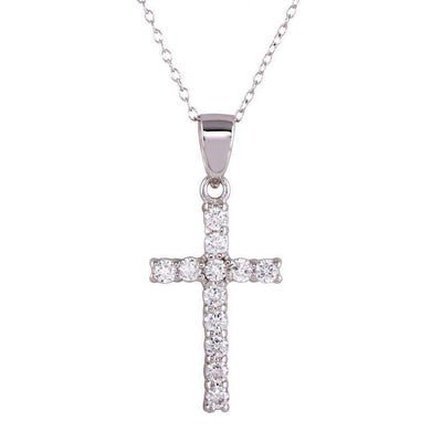Sterling Silver Rhodium Plated CZ Cross Pendant Necklace