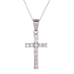 Sterling Silver Rhodium Plated CZ Cross Pendant Necklace