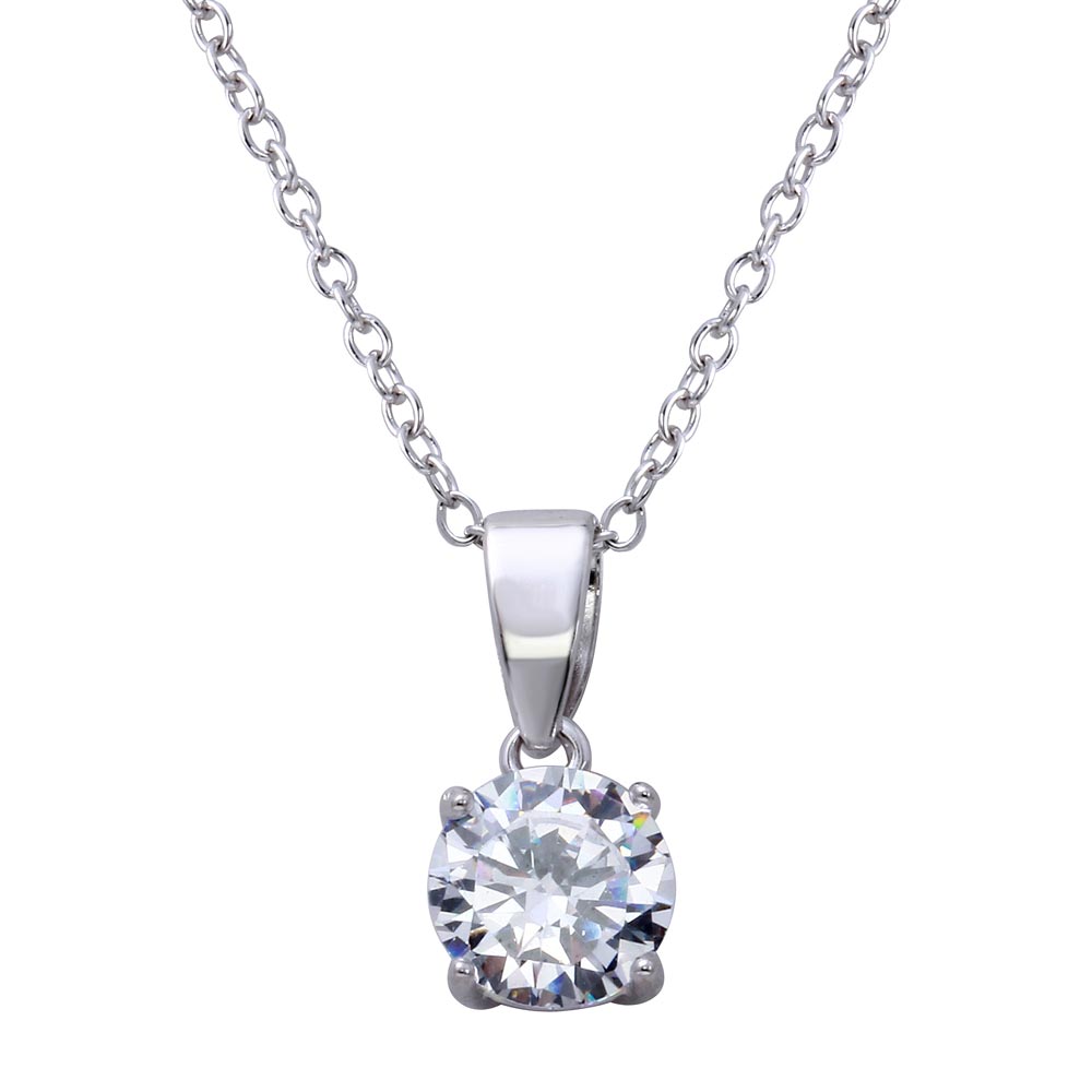 Sterling Silver Rhodium Plated Mini Round Clear CZ Pendant Necklace