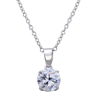 Sterling Silver Rhodium Plated Round Clear CZ Stone Pendant Necklace