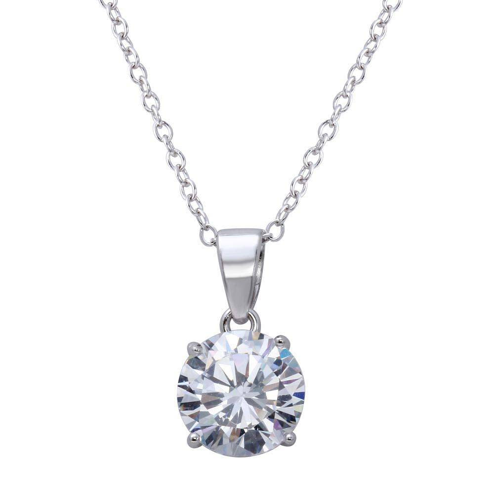 Sterling Silver Rhodium Plated Round Clear CZ Stone Pendant Necklace