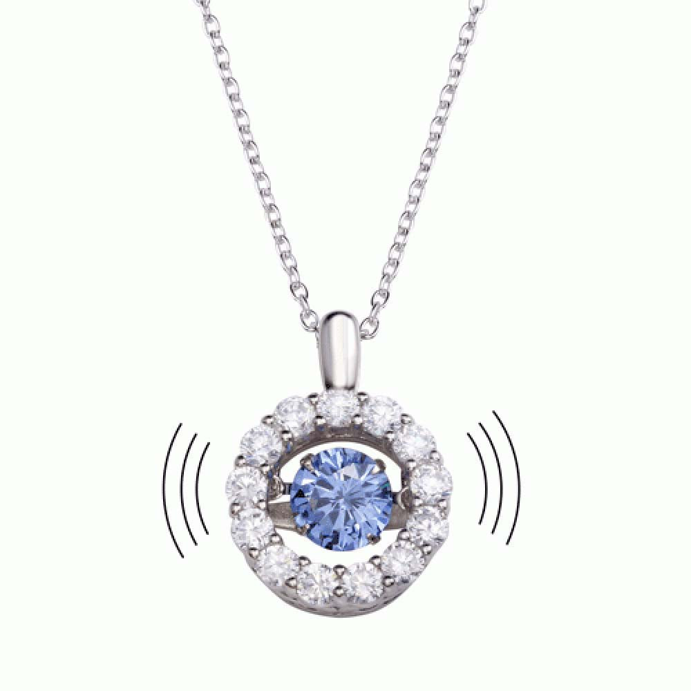 Sterling Silver Rhodium Plated Open Round Dancing Blue CZ Pendant Necklace