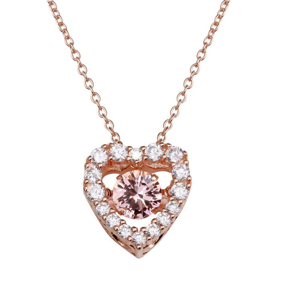Sterling Silver Rose Gold Plated Open Heart CZ Pendant Necklace With Dancing CZ