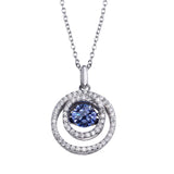 Sterling Silver Rhodium Plated Double Open Circle Pendant Necklace with Dancing Blue CZ