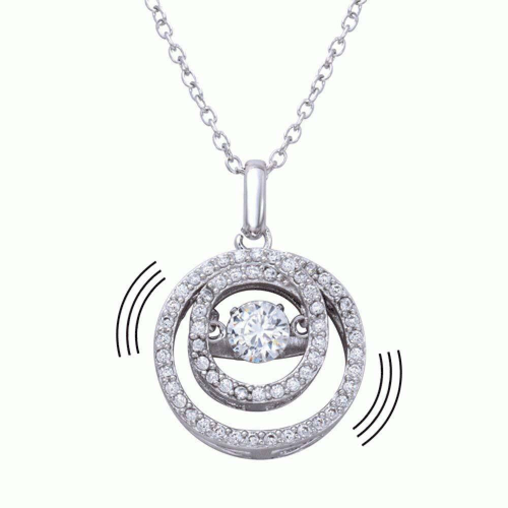 Sterling Silver Rhodium Double Open Circle Pendant Necklace with CZ