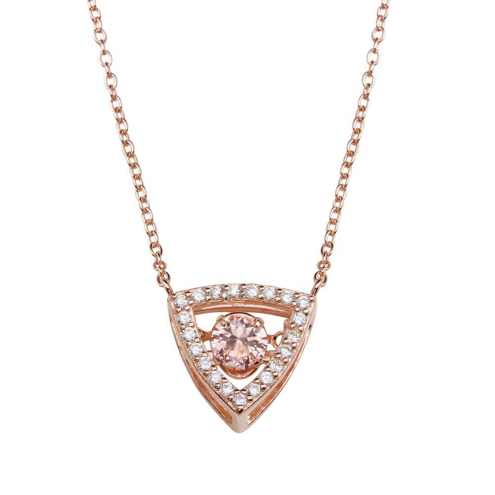 Sterling Silver Rose Gold Plated Open Triangle Pendant Necklace With Pink Dancing CZ