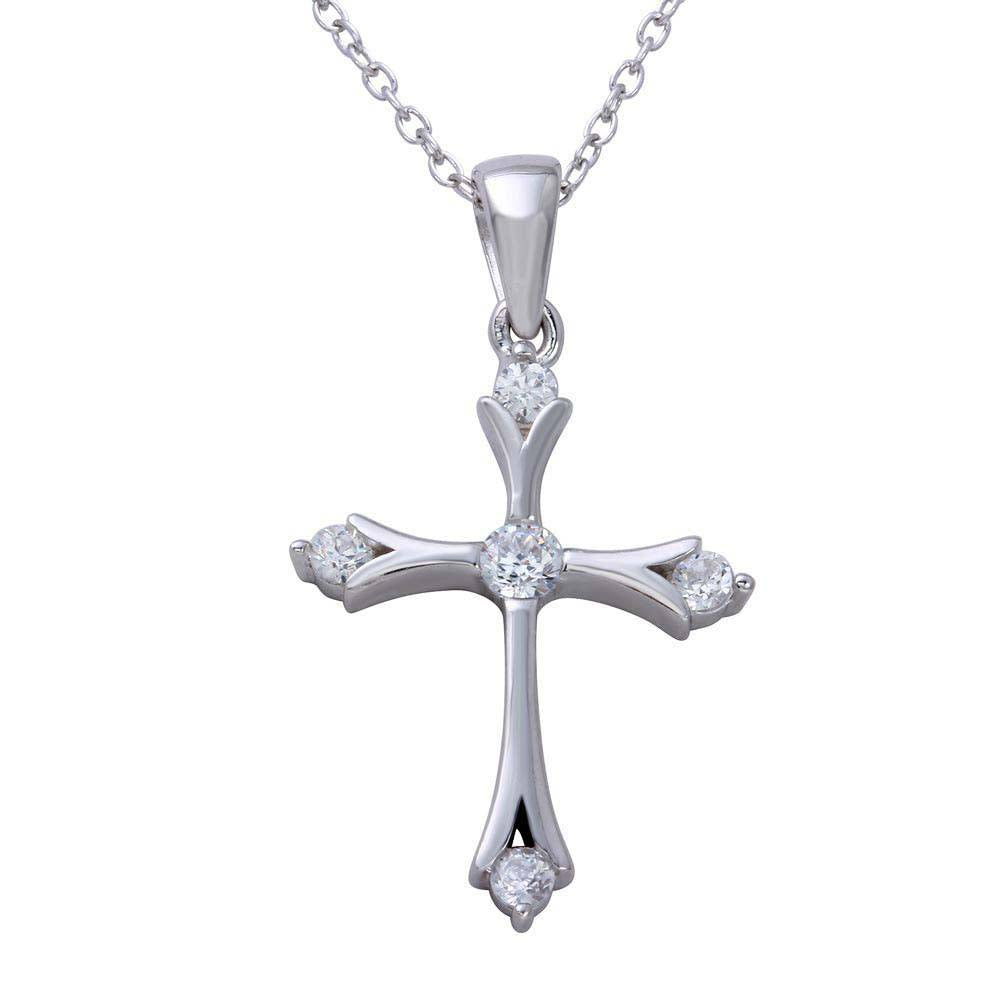 Sterling Silver Rhodium Plated Medium Cross Pendant Necklace with CZ Stones