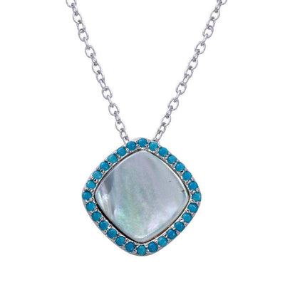 Sterling Silver Rhodium Plated Square Opal Pendant Necklace with CZ