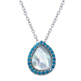 Sterling Silver Rhodium Plated Opal Teardrop Pendant Necklace with Blue CZ