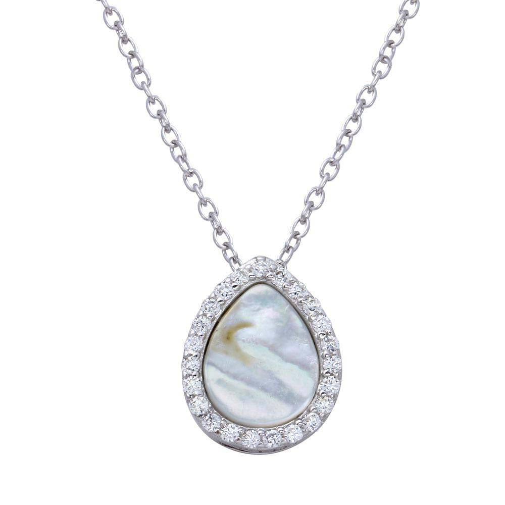 Sterling Silver Rhodium Plated Opal Teardrop Pendant Necklace with CZ