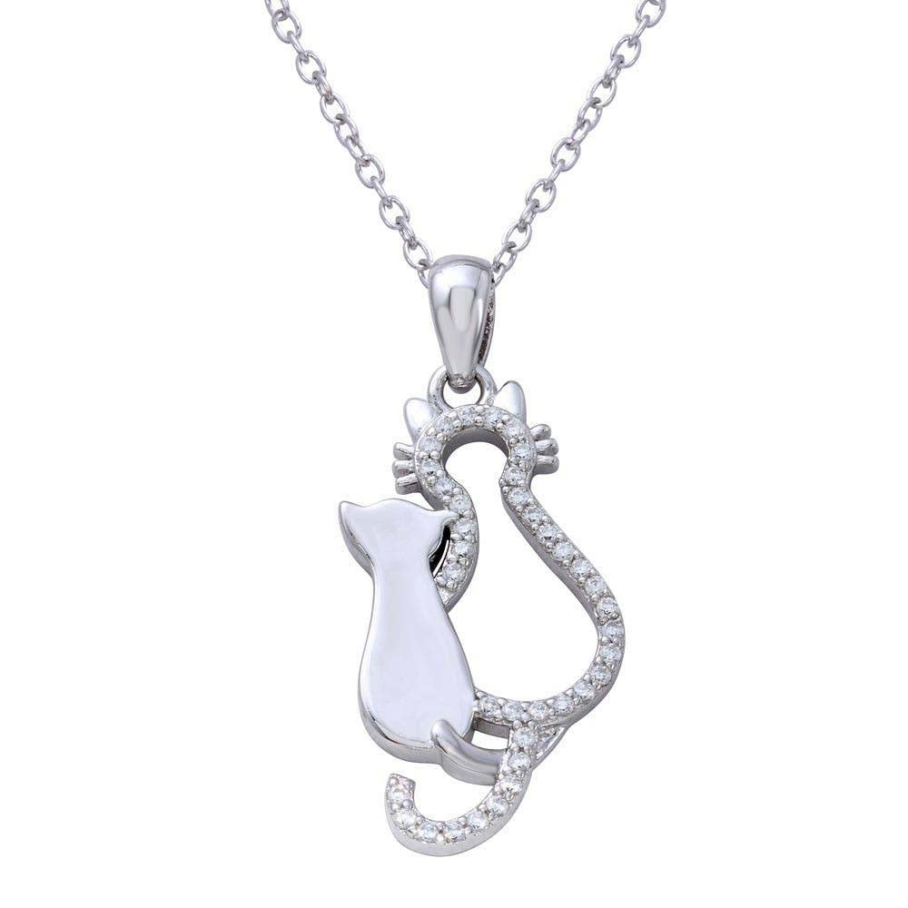 Sterling Silver Rhodium Plated Open Cat and Kitten Necklace with CZ