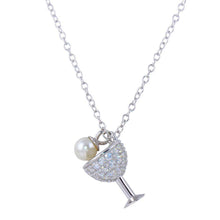 Load image into Gallery viewer, Sterling Silver Rhodium Plated Wine Glass Pendant Necklace with CZ and Synthetic Pearl