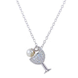 Sterling Silver Rhodium Plated Wine Glass Pendant Necklace with CZ and Synthetic Pearl