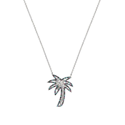 Sterling Silver Rhodium Plated Multi Color CZ Palm Tree Necklace