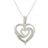 Sterling Silver  Rhodium Plated Heart Pendant Necklace with CZ