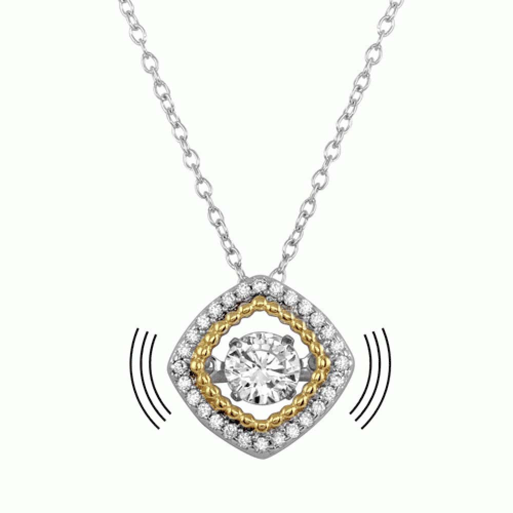 Sterling Silver Rhodium Plated And Gold Plated Open Square Necklace With Dancing CZ