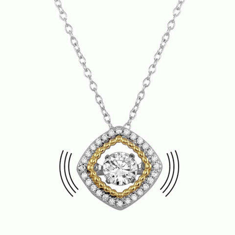 Sterling Silver Rhodium Plated And Gold Plated Open Square Necklace With Dancing CZ