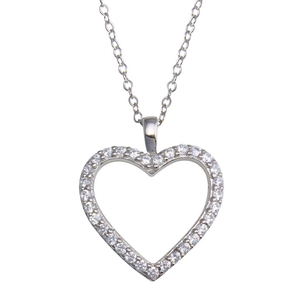 Sterling Silver Rhodium Plated CZ Open Heart Necklace