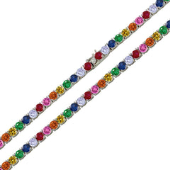 Sterling Silver Rhodium Plated Rainbow Round CZ Link Chains