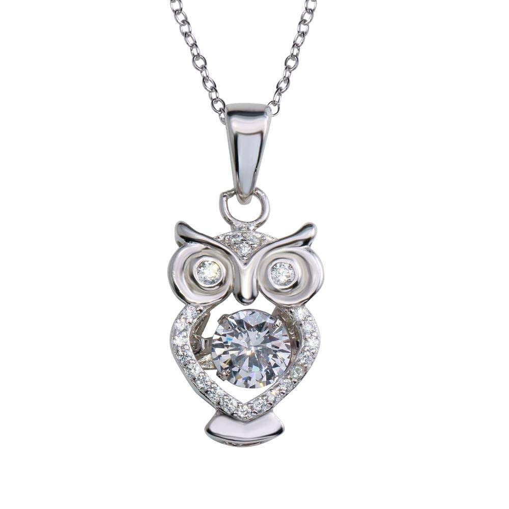 Sterling Silver Rhodium Plated Owl Pendant Necklace With Dancing CZ