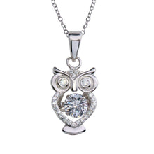 Load image into Gallery viewer, Sterling Silver Rhodium Plated Owl Pendant Necklace With Dancing CZ