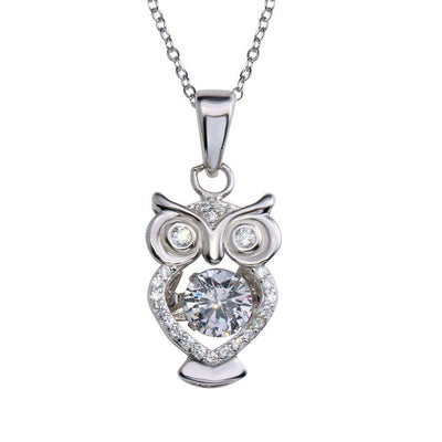 Sterling Silver Rhodium Plated Owl Pendant Necklace With Dancing CZ
