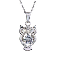 Sterling Silver Rhodium Plated Owl Pendant Necklace With Dancing CZ