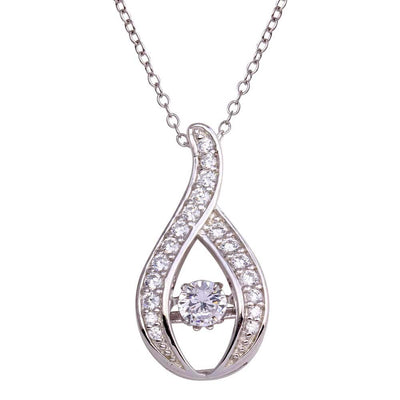 Sterling Silver Rhodium Wave Design Dancing Center CZ Necklace