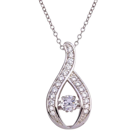 Sterling Silver Rhodium Wave Design Dancing Center CZ Necklace