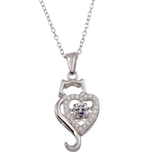 Load image into Gallery viewer, Sterling Silver Rhodium Plated Dancing CZ Heart Cat Necklace