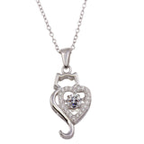 Sterling Silver Rhodium Plated Dancing CZ Heart Cat Necklace