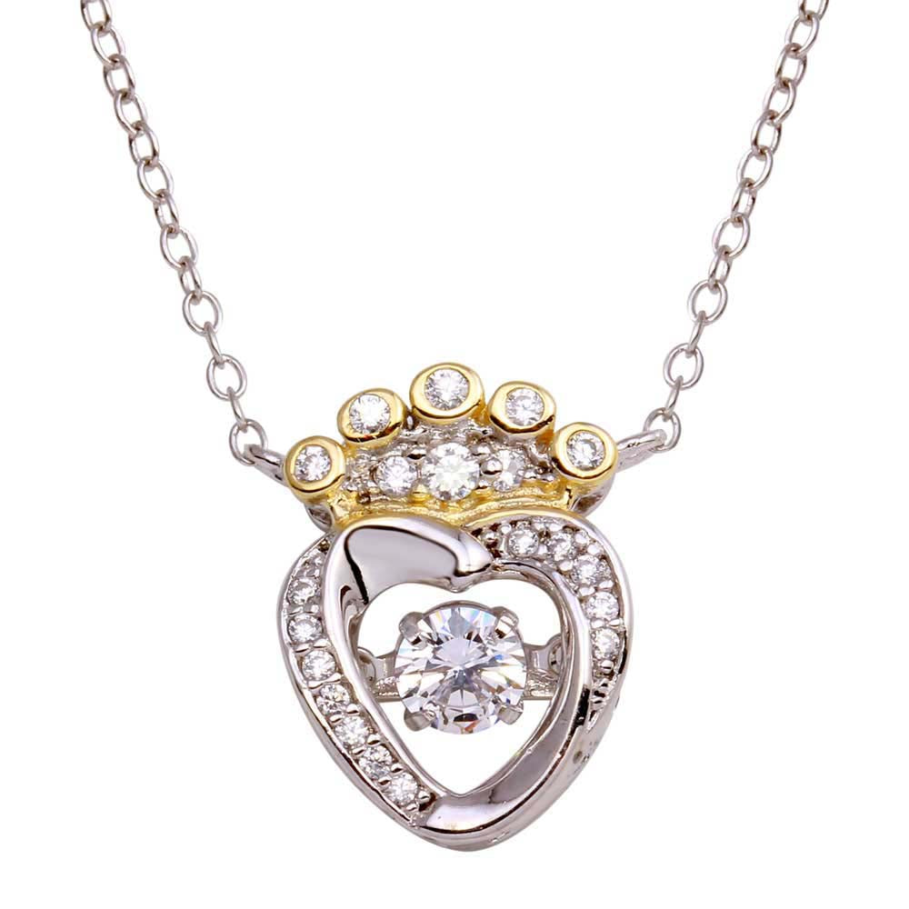 Sterling Silver 2 Toned Crown Heart Dancing CZ Necklace